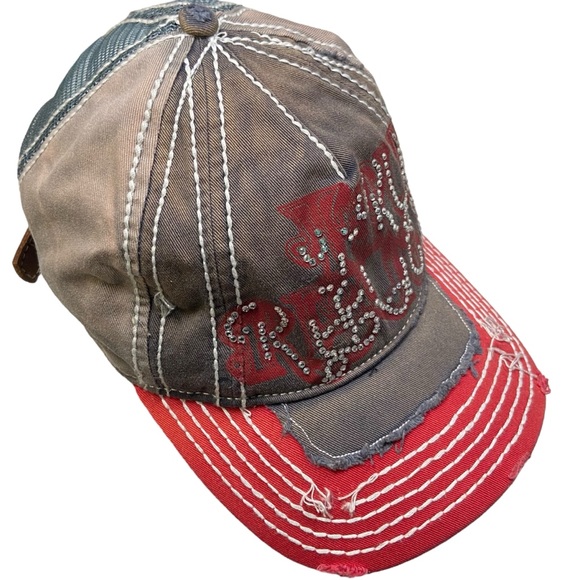 Y2K Vintage True Religion Jeans Rhinestone Mesh Trucker Hat TRBJ Grunge - Picture 14 of 15
